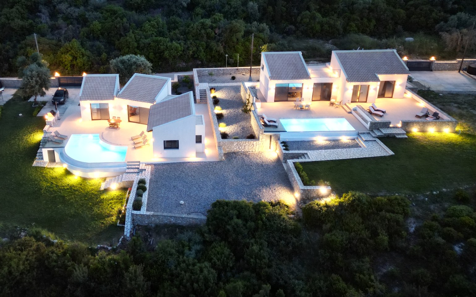 Aerial night view of Villa Tempestini, Nikiana, Lefkada